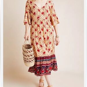 Anthropologie Floral Midi Dress - Red and Cream